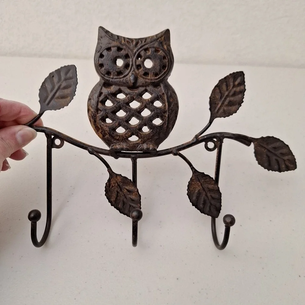 Vintage Cast Iron Bronze Finish Hollow Eye Owl Wall Mount 3 Hook Hanger 10